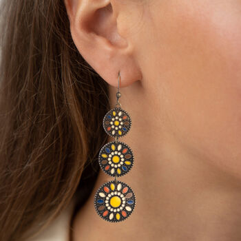 Yellow Multicolour Triple Disc Drop Boho Earrings, 2 of 3