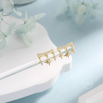 Dangling Star And Starburst Curved Bar Stud Earrings In Sterling Silver, 5 of 11