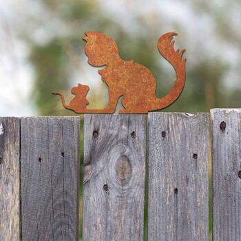 Metal Rusty Cat And Mouse Fence Topper Decoration, 9 of 10