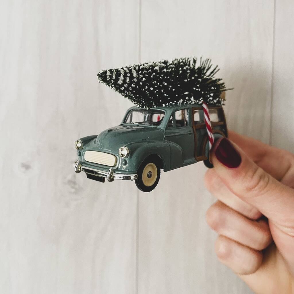 Grey Morris Minor Traveller With Christmas Tree By Bits Bobs & Gifts