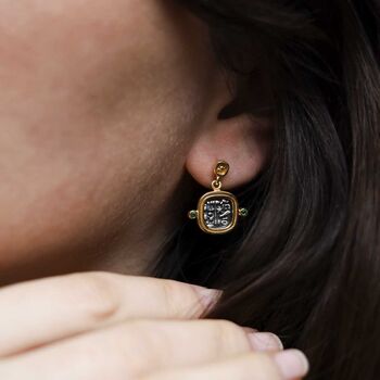 Gold Plated Sterling Silver Hieroglyphics Square Earrings, 2 of 12