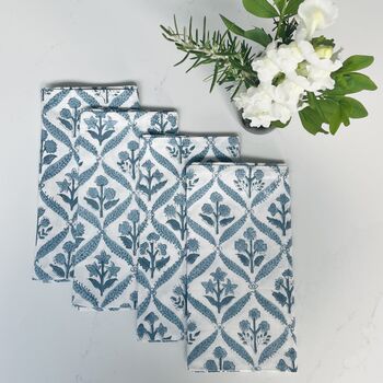 The Walled Garden Blue Block Printed Napkin Set Of Four, 5 of 5