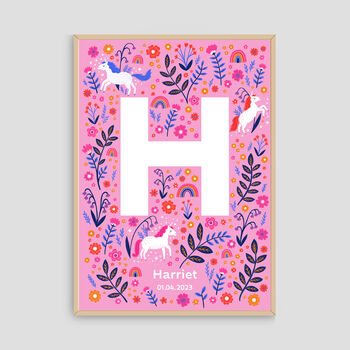 Personalised Unicorn Name Print, Girls A Z Alphabet Art, 9 of 12