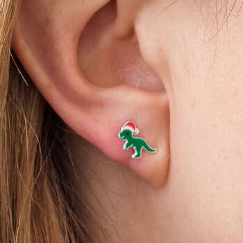 Sterling Silver Festive Dinosaur Christmas Stud Earrings, 2 of 6