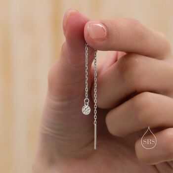 Sterling Silver Tiny Hammered Disk Chain Threader Earrings, 2 of 11