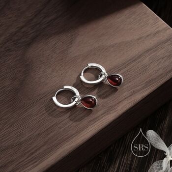 Sterling Silver Genuine Garnet Droplet Hoop Earrings, 4 of 10