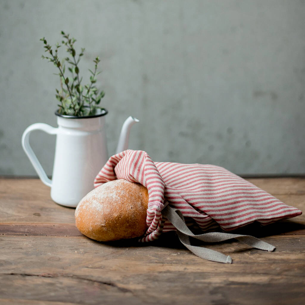 Reusable Natural Linen Bread Bag With Red Stripes, 1 of 4