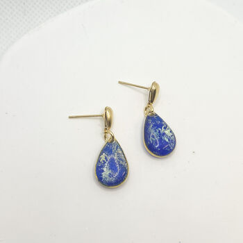 Royal Blue Dainty Teardrop Stud Gold Earrings, 4 of 9
