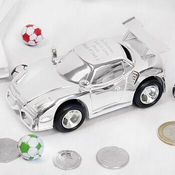 Gifts For Boys Personalised Racing Car Money Box Silver Plated, 2 of 7