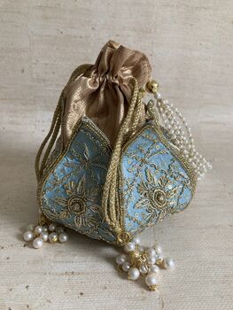 Light Blue Handcrafted Raw Silk Potli Bag/Wrist Bag, 6 of 9