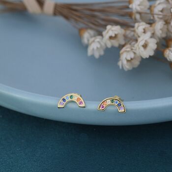 Sterling Silver Cz Crystal Rainbow Stud Earrings, 3 of 11