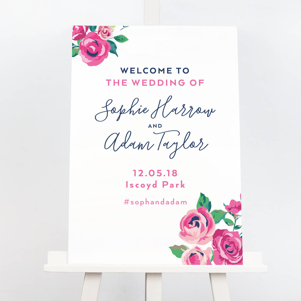 Image of Adela Navy And Pink Floral Wedding Welcome Sign