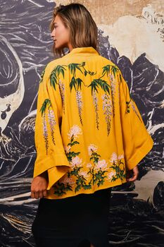 Wisteria And Chrysanthemum Mustard Embroidered Short Kimono, 3 of 8