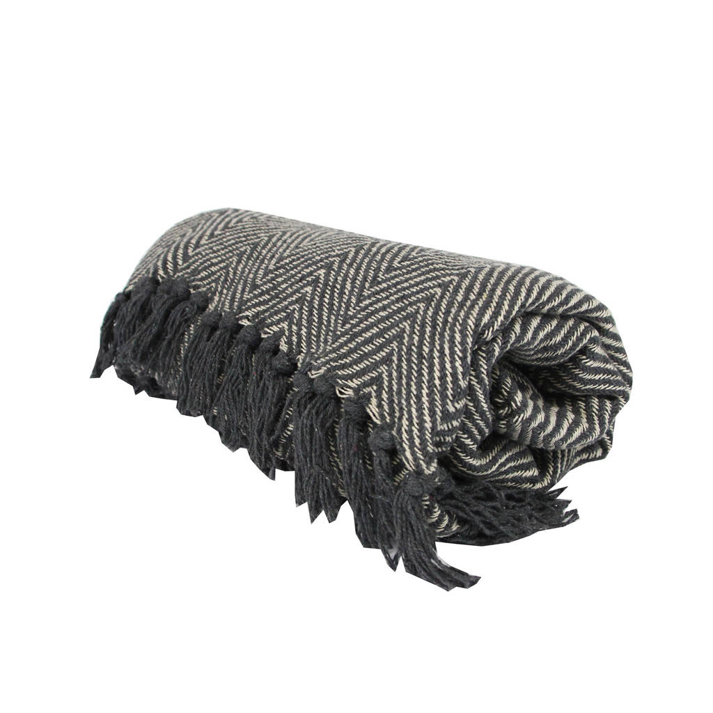 Fringed Dark Grey Chevron Woven Throw By Posh Totty Designs Interiors
