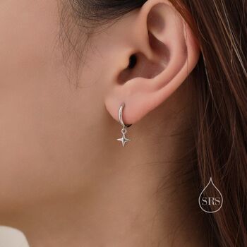 Sterling Silver Tiny Four Point Star Huggie Hoop Earrings, 5 of 11