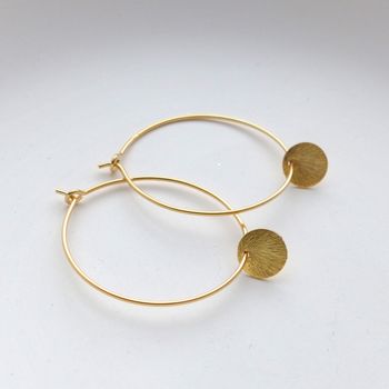 Brushed Disc Hoops In Gold Plated Sterling Silver 30mm, 2 of 5