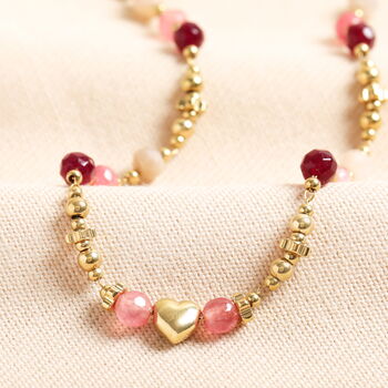 Semi Precious Pink Stone And Heart Beaded Necklace In Gold Plating, 2 of 6