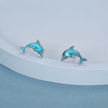 Sterling Silver Dolphin Stud Earrings With Blue Enamel, 3 of 11