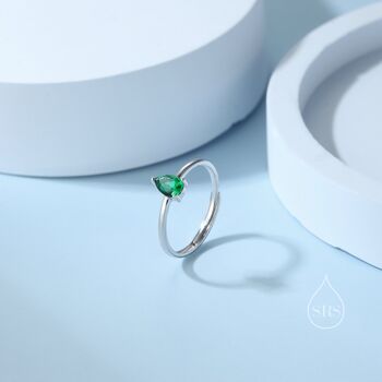 Sterling Silver Created Green Emerald Droplet Ring, 2 of 11
