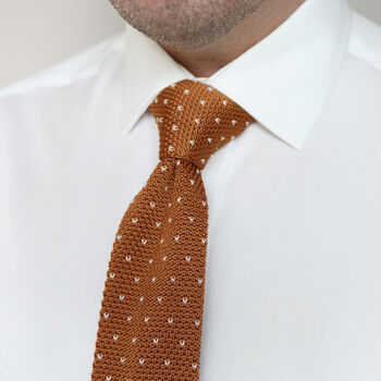 Men's Square End Knitted Tie With Dots | Caramel Brown, 5 of 5