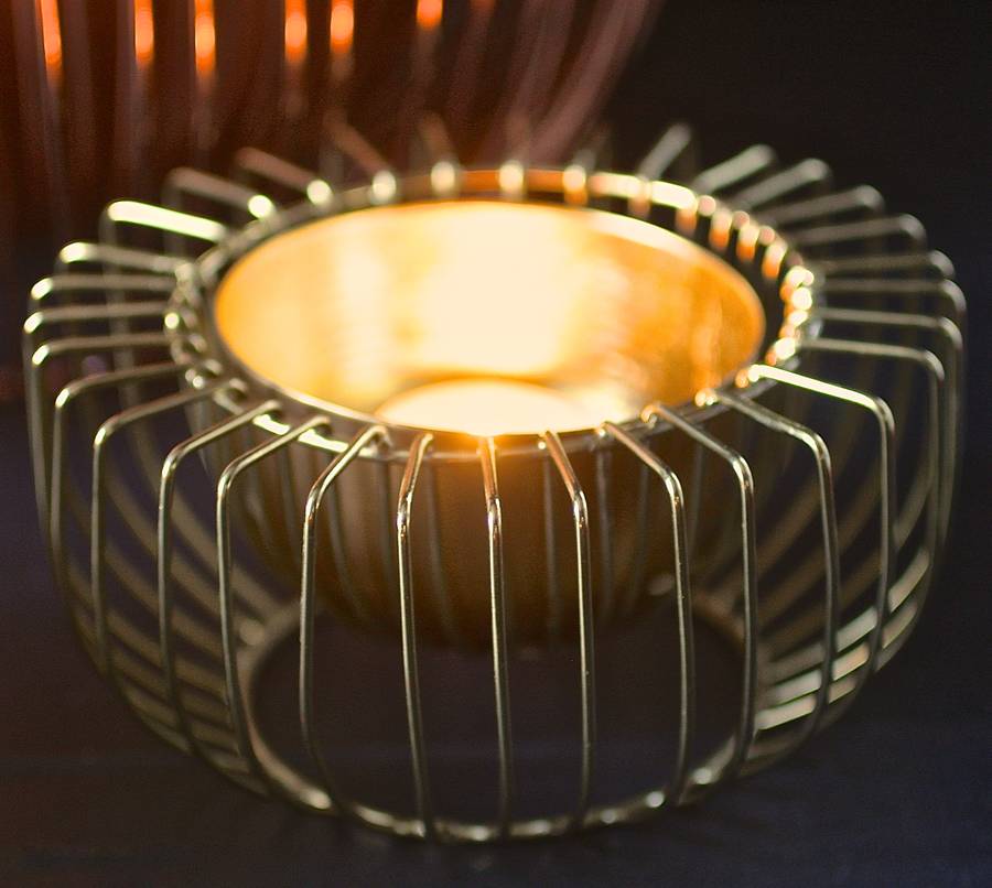 Three Wire Tealight Holders In Gold Copper And Steel By London Garden