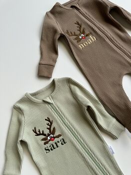 Christmas Reindeer Personalised Baby Zip Sleepsuit | Newborn Essentials, 3 of 9