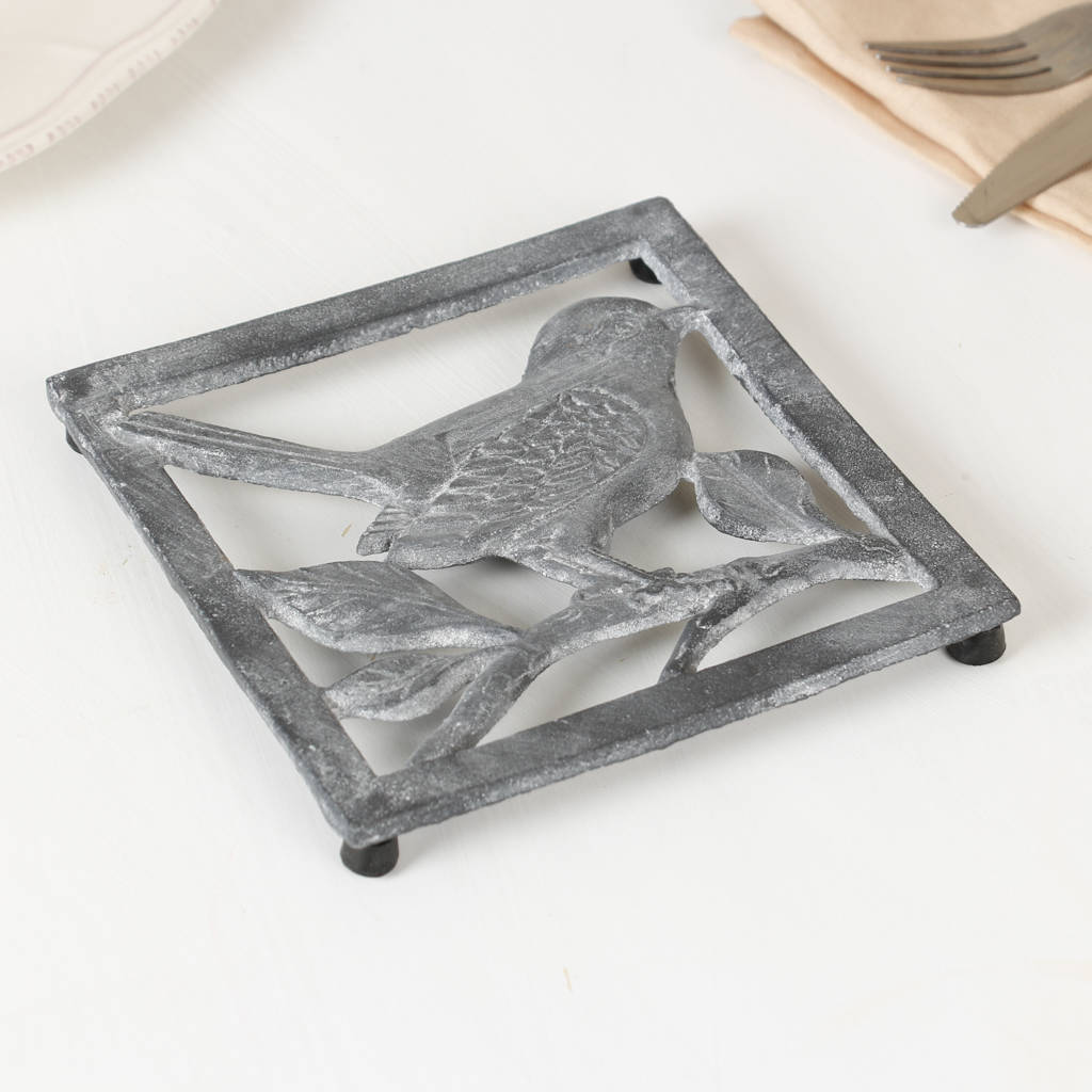 perching bird grey metal trivet by dibor