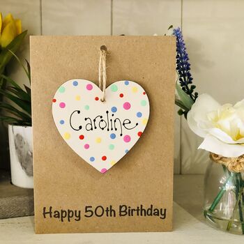 Personalised 50th Birthday Polka Dot Wooden Heart Card, 4 of 6