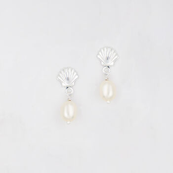 Shell Stud Earrings With Freshwater Pearl Drop, 2 of 5