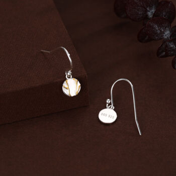 Sterling Silver Tiny Kintsugi Disk Drop Earrings, 4 of 11
