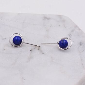 Sterling Silver 'Blue Planet' Saturn Planet Halo Stud Earrings With Lapis Lazuli Gemstone, 4 of 12