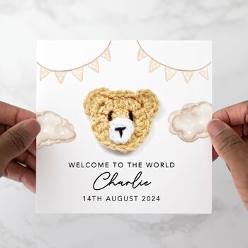 Personalised Clouds Crochet Bear New Baby Card, 3 of 7