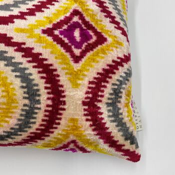 Oblong Ikat Velvet Cushion Multi Coloured Circles, 6 of 9