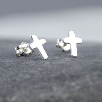 Unisex Sterling Silver Tiny Cross Stud Earrings, 2 of 7