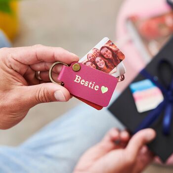 Personalised Leather Keyring With Four Metal Photo Cards With Hot Stamped Name, Date Or Initials, 2 of 4