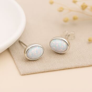 Sterling Silver White Opal Oval Stud Earrings, 4 of 11