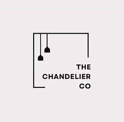 Minimalist black and white logo for 'The Chandelier Co,' featuring two hanging pendant lights on the left side within a square frame. 