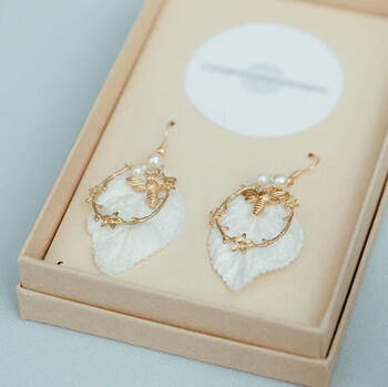 Artisan Velvet Leaf And Little Gold Bee Dropper Earrings, 3 of 4