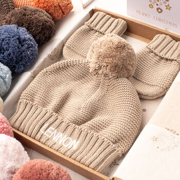 Baby Boy Personalised Bobble Hat And Mittens Gift Set, 2 of 12