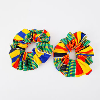Two African Print Scrunchies | Yellow Kente Kioko Print, 2 of 4
