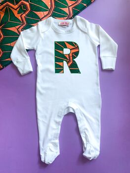 Personalised African Print Letter Baby Sleep Suit, 5 of 6