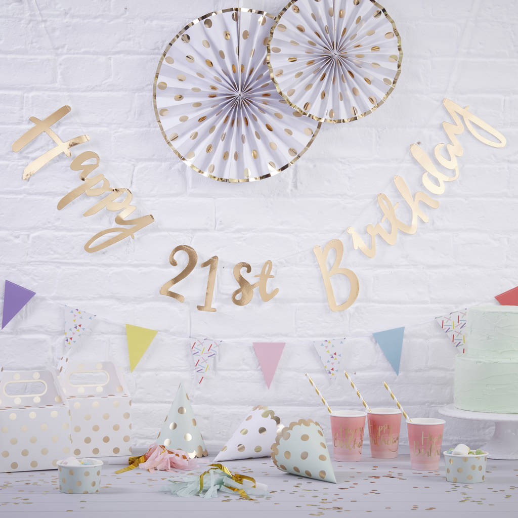 gold foiled happy 21st birthday  bunting backdrop  by ginger 