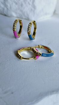 Enamel Cloisonné Cz Pavé Hoop Earrings 18 K Gold Plated Sterling Silver Small Hoops Colourful Huggie Earrings Gift For Her, 3 of 5