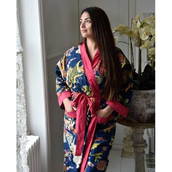 Ladies Blue Carnation Print Cotton Dressing Gown, 2 of 4