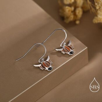 Sterling Silver Enamel Highland Cow Drop Dangling Earrings, 6 of 10