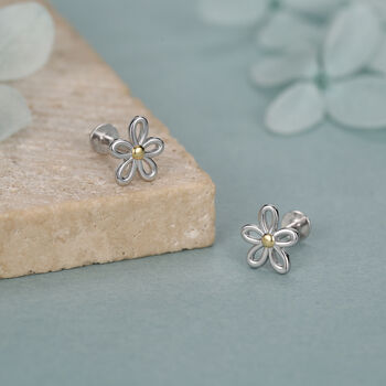 Sterling Silver Two Tone Daisy 16 G Flat Back Labret Earrings, 3 of 12