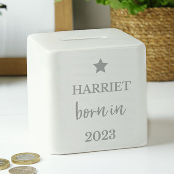 Personalised Born In Ceramic Square Money Box, 3 of 5