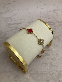 Double Sided 18 K Gold Plated Red Clover Bracelet, 5 of 6