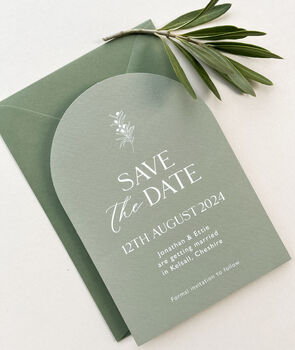 Olive Arch Shaped Wedding Save The Date Cards, 5 of 5