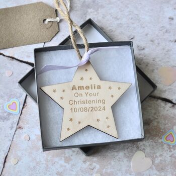 Personalised Christening Wooden Star Decoration, 2 of 3